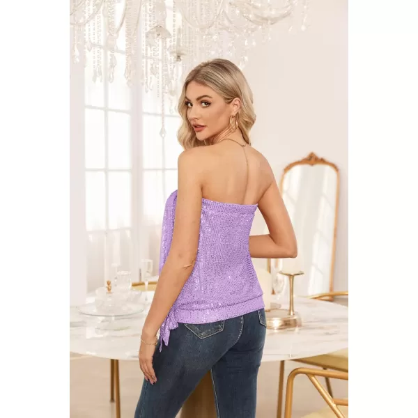 GRACE KARIN Sequin Tops for Women Sparkly Elastic Ruched Twist Knot Tie for PartyLight Purple