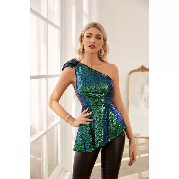 GRACE KARIN Sequin Tops for Women Sparkly One Shoulder Sleeveless Glitter Dressy Blouses Sparkle Party Peplum ShirtsDrak Green