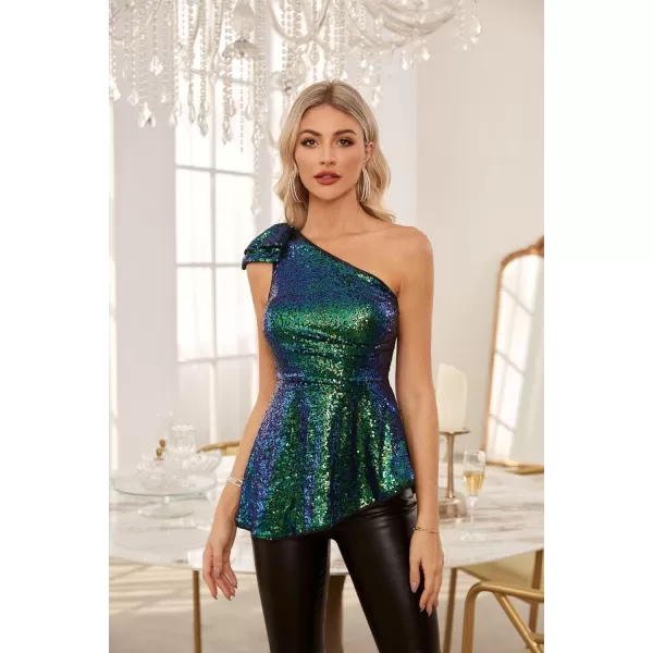 GRACE KARIN Sequin Tops for Women Sparkly One Shoulder Sleeveless Glitter Dressy Blouses Sparkle Party Peplum ShirtsDrak Green