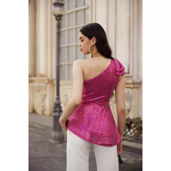 GRACE KARIN Sequin Tops for Women Sparkly One Shoulder Sleeveless Glitter Dressy Blouses Sparkle Party Peplum ShirtsRose Red