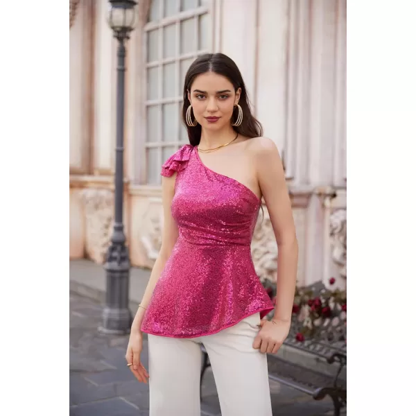 GRACE KARIN Sequin Tops for Women Sparkly One Shoulder Sleeveless Glitter Dressy Blouses Sparkle Party Peplum ShirtsRose Red