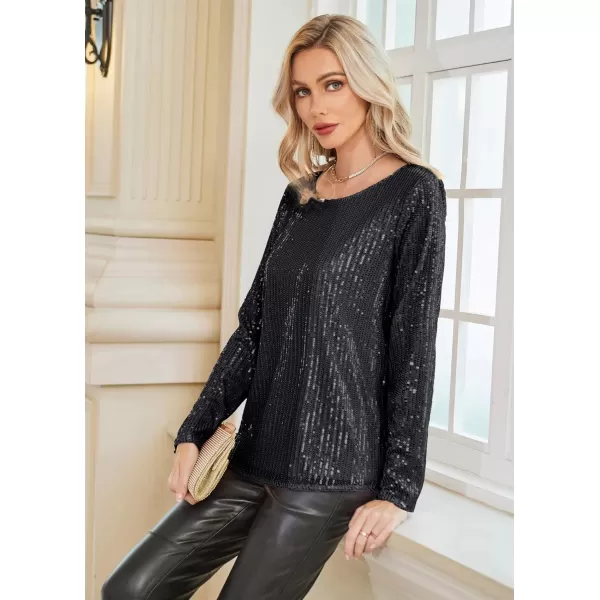 GRACE KARIN Sequin Tops for Women Sparkly Top Glitter Evening Party Shiny Split Mesh Back Long Sleeve BlousesBlack