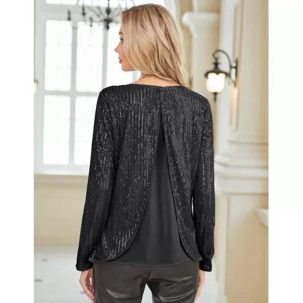 GRACE KARIN Sequin Tops for Women Sparkly Top Glitter Evening Party Shiny Split Mesh Back Long Sleeve BlousesBlack