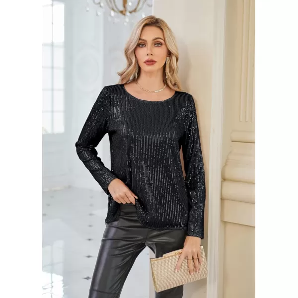 GRACE KARIN Sequin Tops for Women Sparkly Top Glitter Evening Party Shiny Split Mesh Back Long Sleeve BlousesBlack