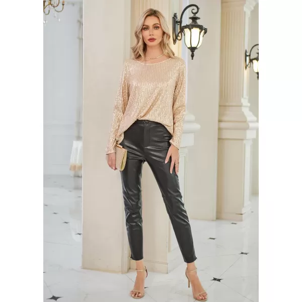GRACE KARIN Sequin Tops for Women Sparkly Top Glitter Evening Party Shiny Split Mesh Back Long Sleeve BlousesGold