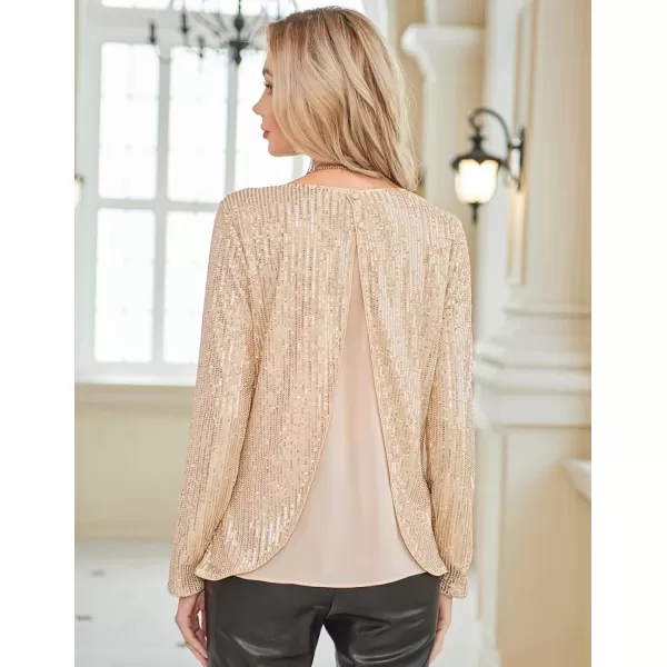 GRACE KARIN Sequin Tops for Women Sparkly Top Glitter Evening Party Shiny Split Mesh Back Long Sleeve BlousesGold