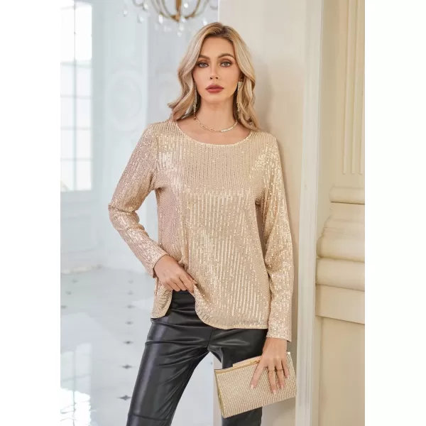 GRACE KARIN Sequin Tops for Women Sparkly Top Glitter Evening Party Shiny Split Mesh Back Long Sleeve BlousesGold