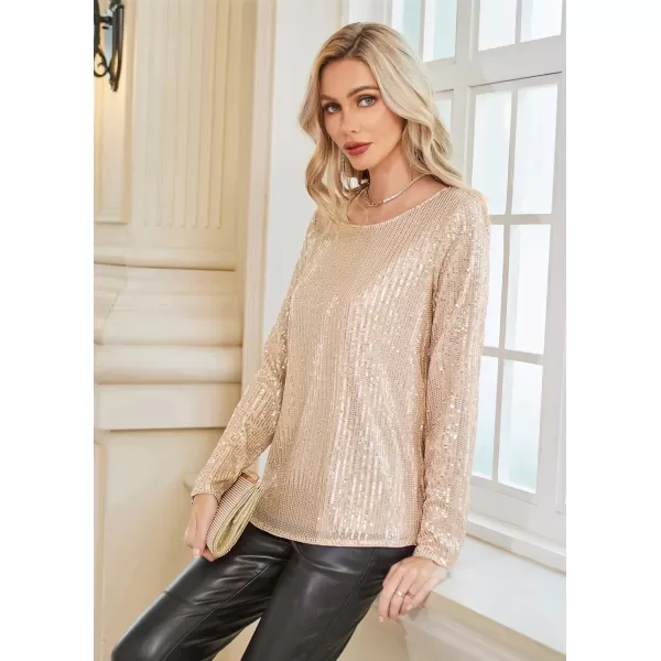 GRACE KARIN Sequin Tops for Women Sparkly Top Glitter Evening Party Shiny Split Mesh Back Long Sleeve BlousesGold