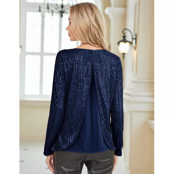 GRACE KARIN Sequin Tops for Women Sparkly Top Glitter Evening Party Shiny Split Mesh Back Long Sleeve BlousesNavy Blue