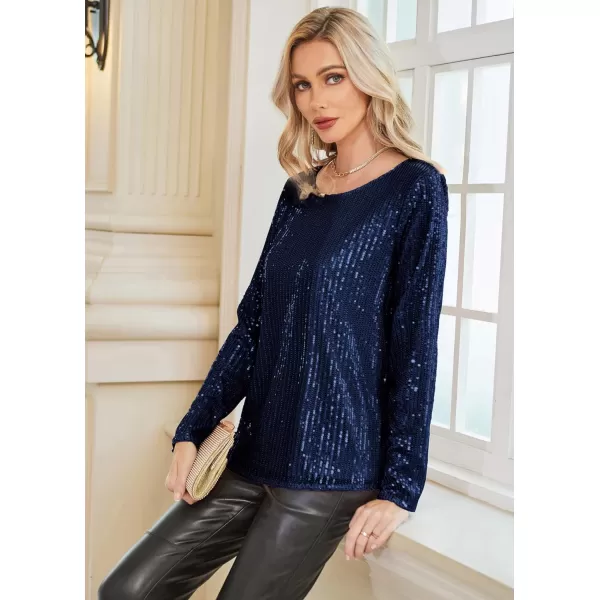 GRACE KARIN Sequin Tops for Women Sparkly Top Glitter Evening Party Shiny Split Mesh Back Long Sleeve BlousesNavy Blue