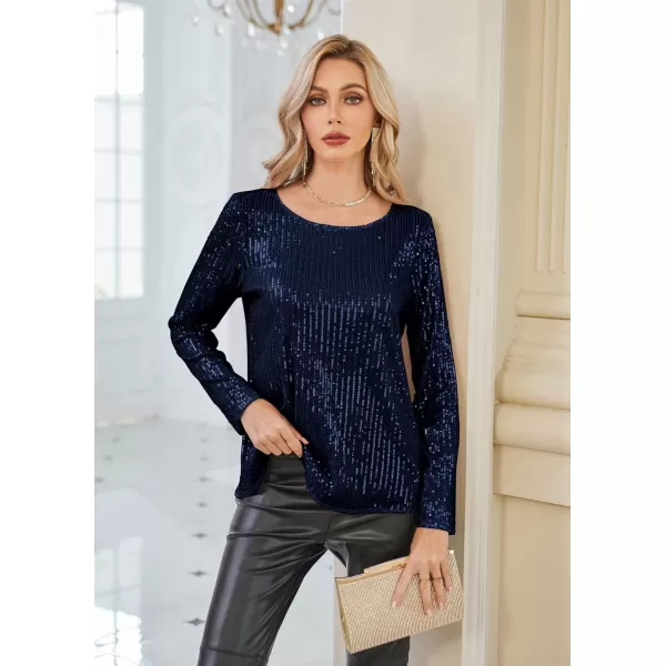 GRACE KARIN Sequin Tops for Women Sparkly Top Glitter Evening Party Shiny Split Mesh Back Long Sleeve BlousesNavy Blue