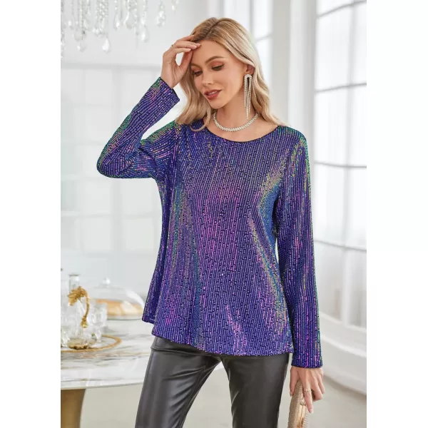 GRACE KARIN Sequin Tops for Women Sparkly Top Glitter Evening Party Shiny Split Mesh Back Long Sleeve BlousesPurple