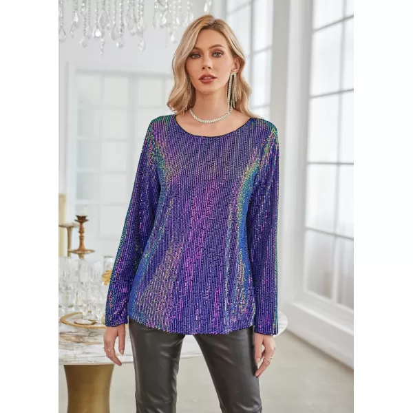 GRACE KARIN Sequin Tops for Women Sparkly Top Glitter Evening Party Shiny Split Mesh Back Long Sleeve BlousesPurple