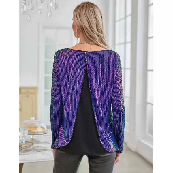 GRACE KARIN Sequin Tops for Women Sparkly Top Glitter Evening Party Shiny Split Mesh Back Long Sleeve BlousesPurple