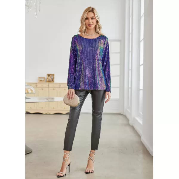 GRACE KARIN Sequin Tops for Women Sparkly Top Glitter Evening Party Shiny Split Mesh Back Long Sleeve BlousesPurple