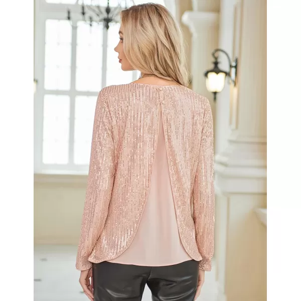 GRACE KARIN Sequin Tops for Women Sparkly Top Glitter Evening Party Shiny Split Mesh Back Long Sleeve BlousesRose Gold