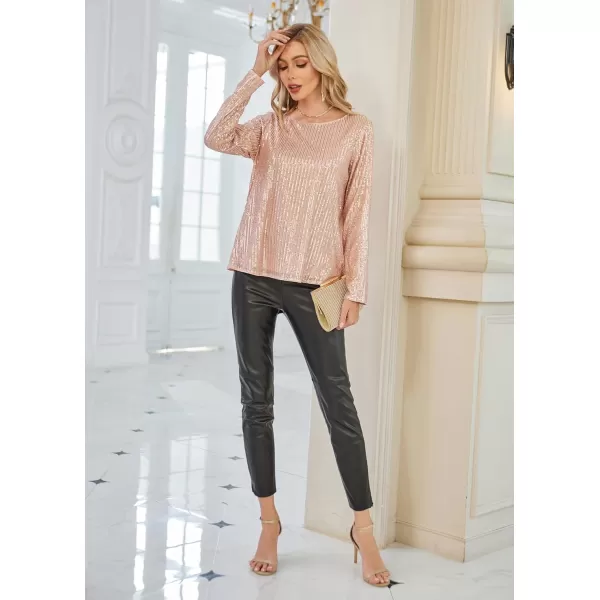 GRACE KARIN Sequin Tops for Women Sparkly Top Glitter Evening Party Shiny Split Mesh Back Long Sleeve BlousesRose Gold