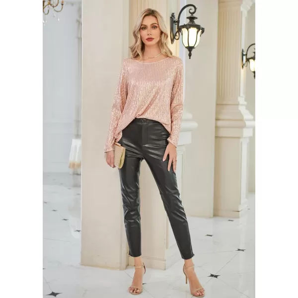 GRACE KARIN Sequin Tops for Women Sparkly Top Glitter Evening Party Shiny Split Mesh Back Long Sleeve BlousesRose Gold