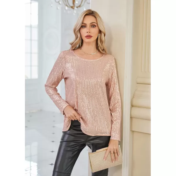 GRACE KARIN Sequin Tops for Women Sparkly Top Glitter Evening Party Shiny Split Mesh Back Long Sleeve BlousesRose Gold