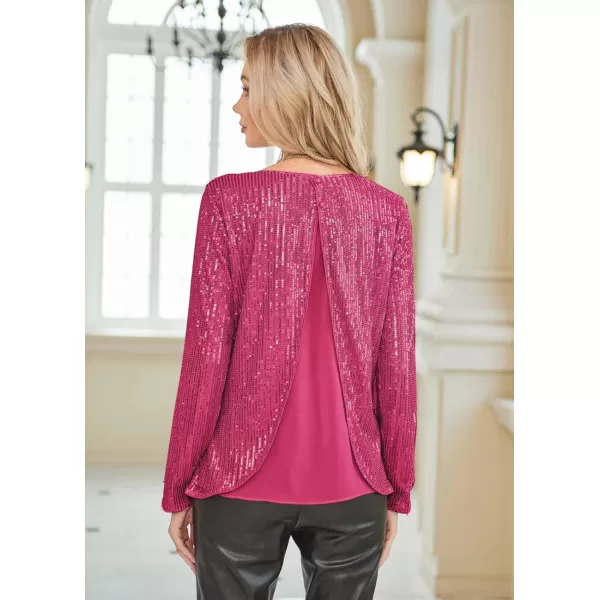 GRACE KARIN Sequin Tops for Women Sparkly Top Glitter Evening Party Shiny Split Mesh Back Long Sleeve BlousesRose Red