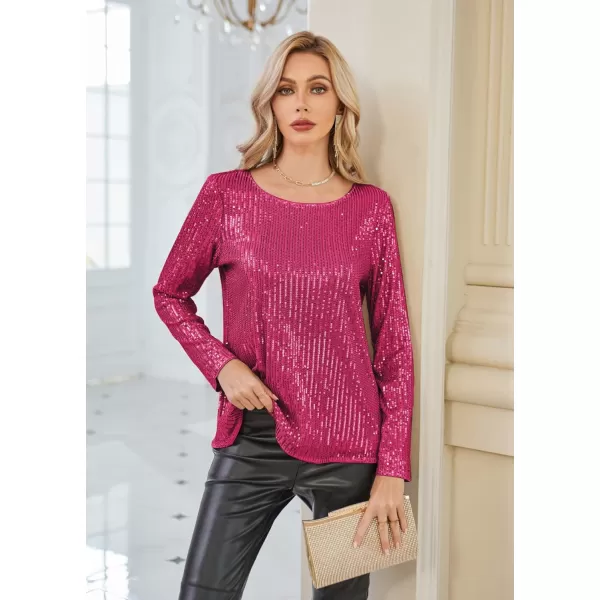 GRACE KARIN Sequin Tops for Women Sparkly Top Glitter Evening Party Shiny Split Mesh Back Long Sleeve BlousesRose Red