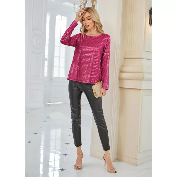 GRACE KARIN Sequin Tops for Women Sparkly Top Glitter Evening Party Shiny Split Mesh Back Long Sleeve BlousesRose Red