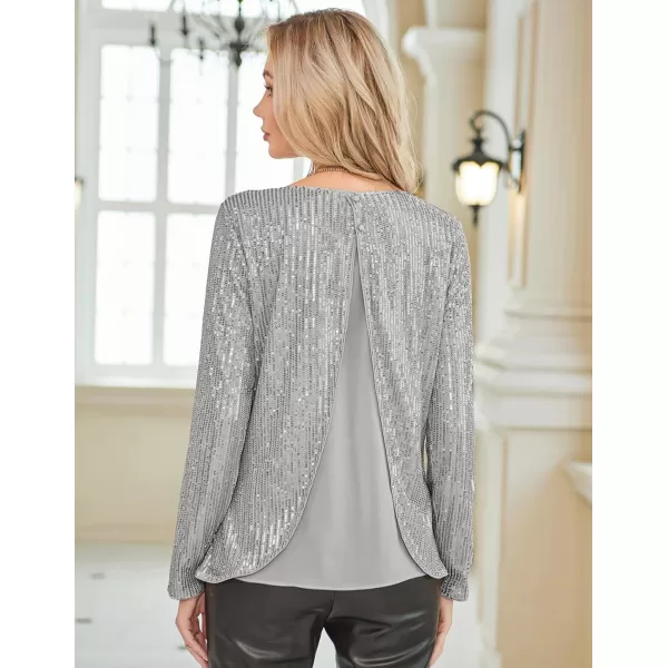 GRACE KARIN Sequin Tops for Women Sparkly Top Glitter Evening Party Shiny Split Mesh Back Long Sleeve BlousesSilver