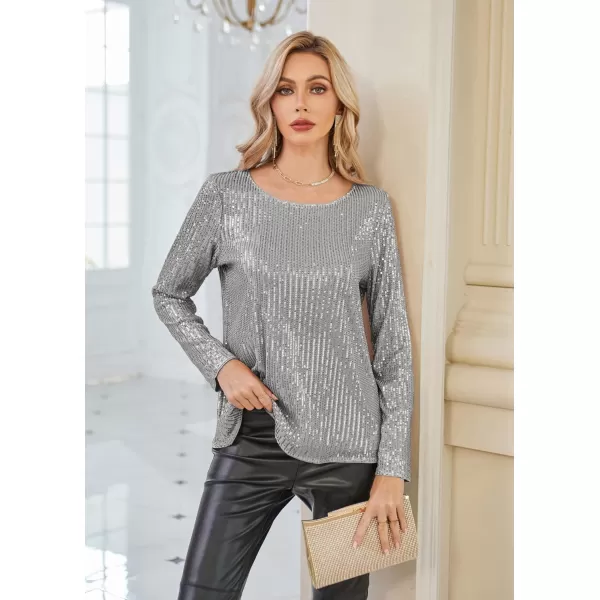 GRACE KARIN Sequin Tops for Women Sparkly Top Glitter Evening Party Shiny Split Mesh Back Long Sleeve BlousesSilver