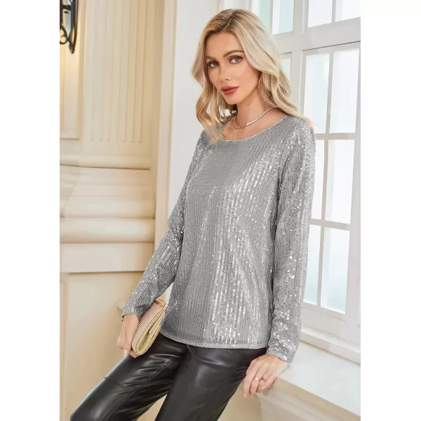 GRACE KARIN Sequin Tops for Women Sparkly Top Glitter Evening Party Shiny Split Mesh Back Long Sleeve BlousesSilver