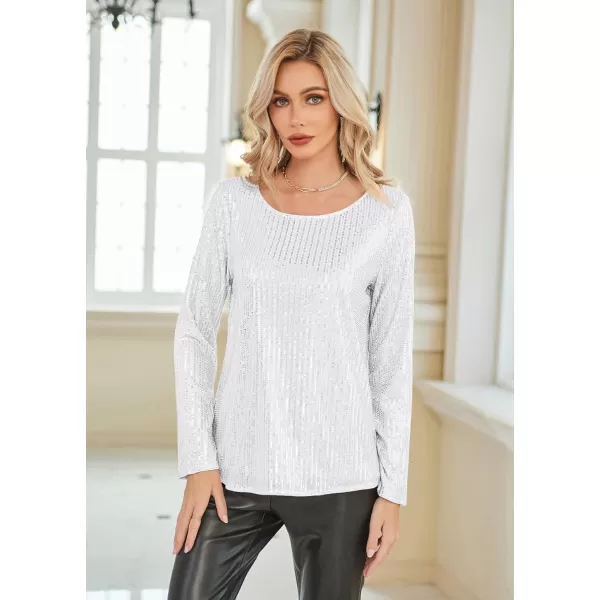 GRACE KARIN Sequin Tops for Women Sparkly Top Glitter Evening Party Shiny Split Mesh Back Long Sleeve BlousesWhite Silver