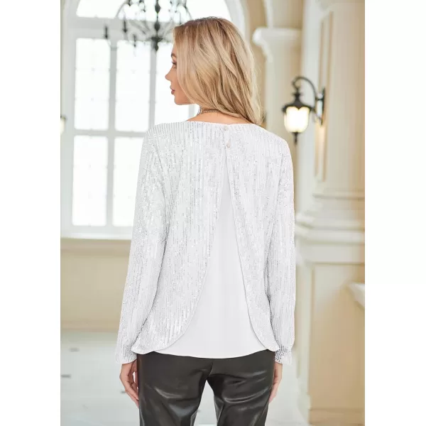 GRACE KARIN Sequin Tops for Women Sparkly Top Glitter Evening Party Shiny Split Mesh Back Long Sleeve BlousesWhite Silver