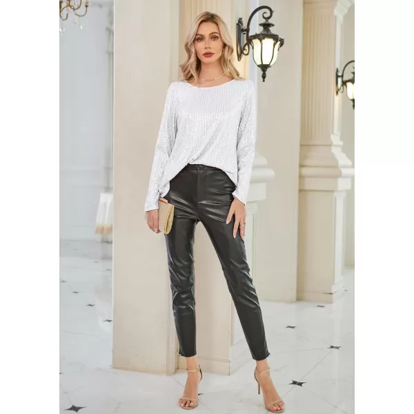 GRACE KARIN Sequin Tops for Women Sparkly Top Glitter Evening Party Shiny Split Mesh Back Long Sleeve BlousesWhite Silver