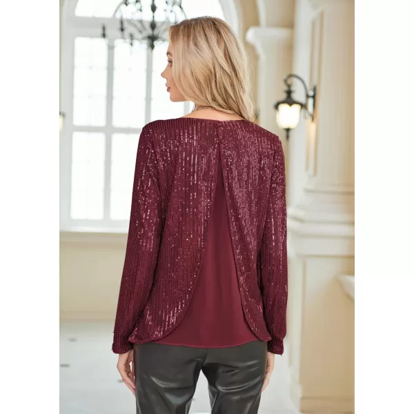 GRACE KARIN Sequin Tops for Women Sparkly Top Glitter Evening Party Shiny Split Mesh Back Long Sleeve BlousesWine Red