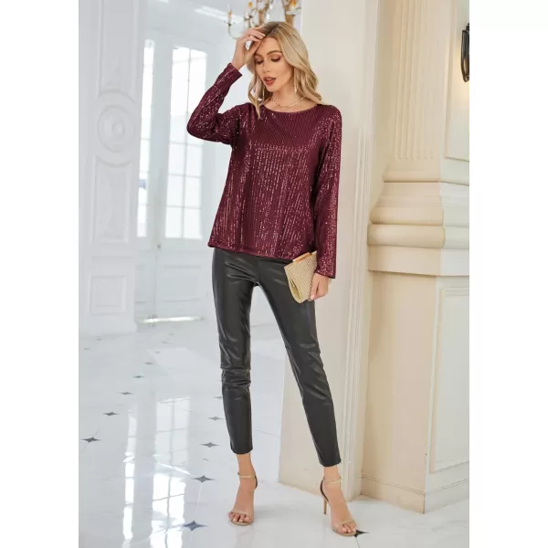 GRACE KARIN Sequin Tops for Women Sparkly Top Glitter Evening Party Shiny Split Mesh Back Long Sleeve BlousesWine Red