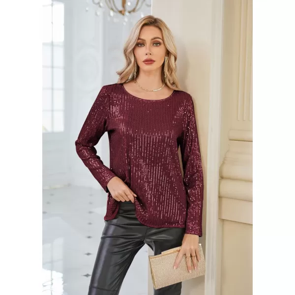 GRACE KARIN Sequin Tops for Women Sparkly Top Glitter Evening Party Shiny Split Mesh Back Long Sleeve BlousesWine Red