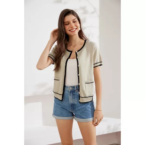 GRACE KARIN Short Sleeve Contrast Cardigan Sweaters for Women Summer Casual Striped Button Down Bolero ShrugApricotblack Edge