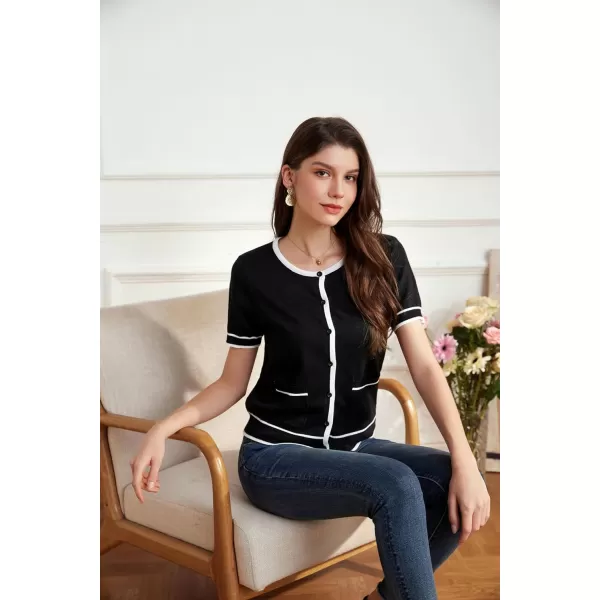 GRACE KARIN Short Sleeve Contrast Cardigan Sweaters for Women Summer Casual Striped Button Down Bolero ShrugBlackwhite Edge