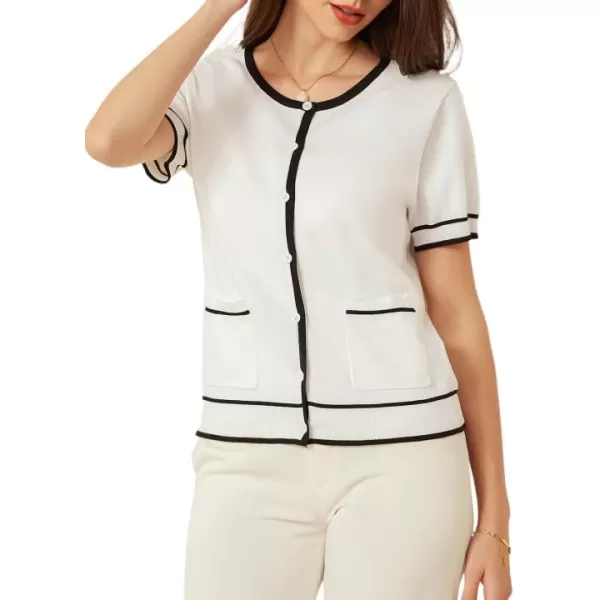 GRACE KARIN Short Sleeve Contrast Cardigan Sweaters for Women Summer Casual Striped Button Down Bolero ShrugWhiteblack Edge