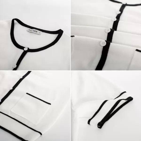 GRACE KARIN Short Sleeve Contrast Cardigan Sweaters for Women Summer Casual Striped Button Down Bolero ShrugWhiteblack Edge