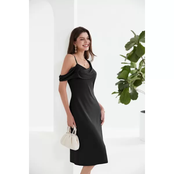 GRACE KARIN Spaghetti Strap Dress 2024 Summer Asymmetric Ruched Neck Off Shoulder A Line Midi DressBlack