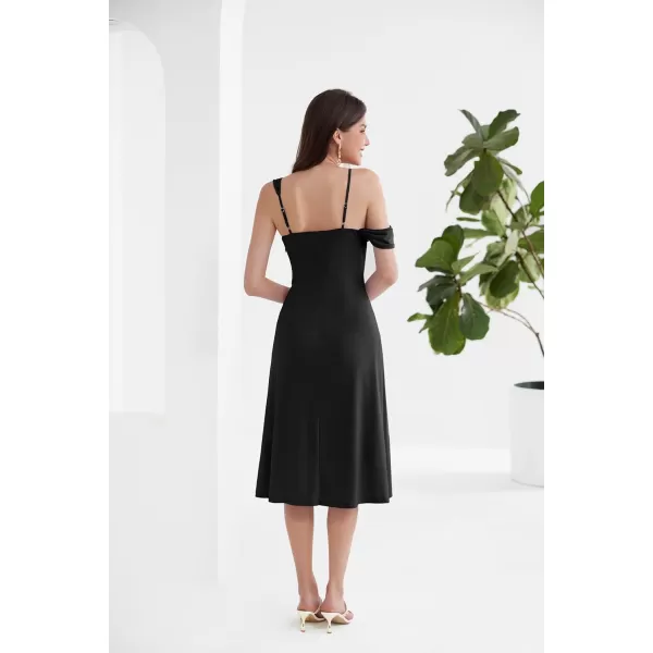 GRACE KARIN Spaghetti Strap Dress 2024 Summer Asymmetric Ruched Neck Off Shoulder A Line Midi DressBlack