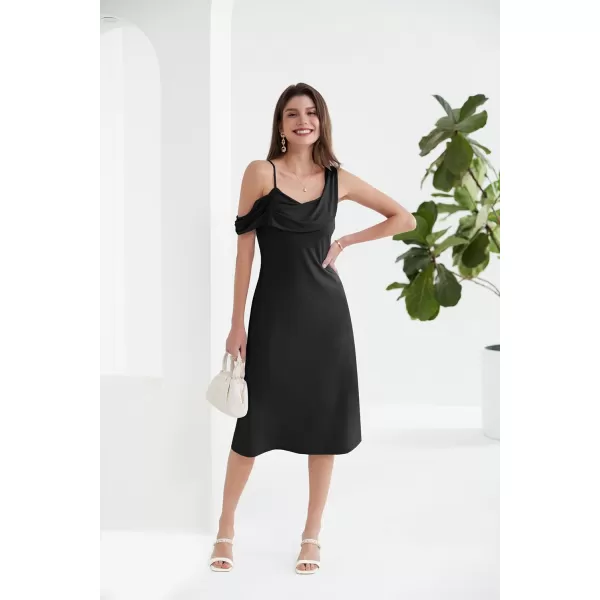 GRACE KARIN Spaghetti Strap Dress 2024 Summer Asymmetric Ruched Neck Off Shoulder A Line Midi DressBlack