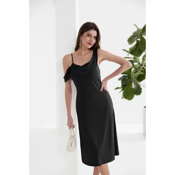 GRACE KARIN Spaghetti Strap Dress 2024 Summer Asymmetric Ruched Neck Off Shoulder A Line Midi DressBlack