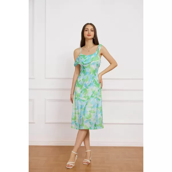 GRACE KARIN Spaghetti Strap Dress 2024 Summer Asymmetric Ruched Neck Off Shoulder A Line Midi DressBlue Green