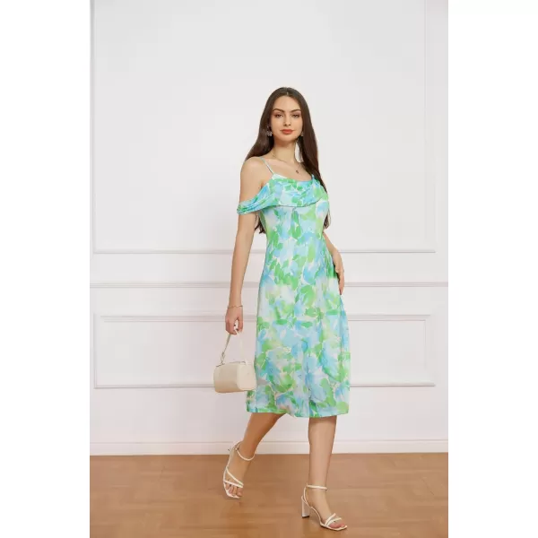 GRACE KARIN Spaghetti Strap Dress 2024 Summer Asymmetric Ruched Neck Off Shoulder A Line Midi DressBlue Green