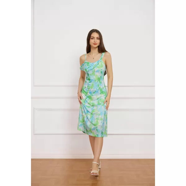 GRACE KARIN Spaghetti Strap Dress 2024 Summer Asymmetric Ruched Neck Off Shoulder A Line Midi DressBlue Green