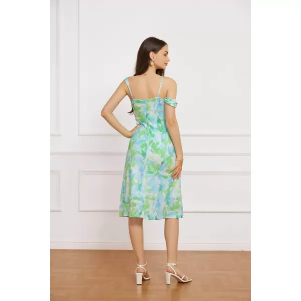 GRACE KARIN Spaghetti Strap Dress 2024 Summer Asymmetric Ruched Neck Off Shoulder A Line Midi DressBlue Green