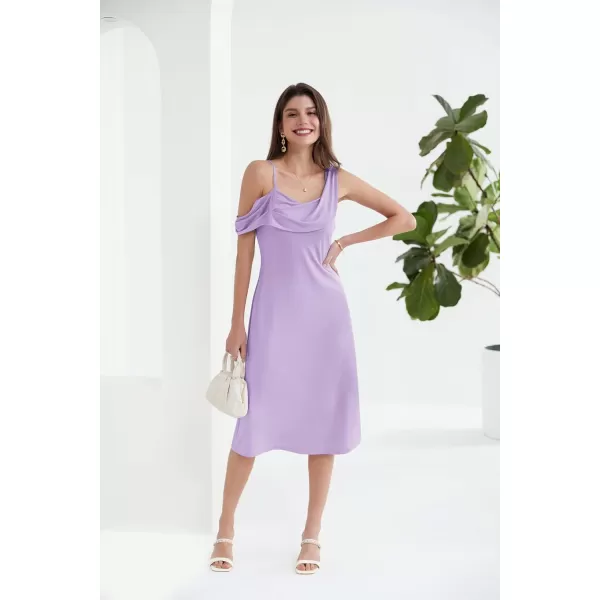 GRACE KARIN Spaghetti Strap Dress 2024 Summer Asymmetric Ruched Neck Off Shoulder A Line Midi DressLight Purple