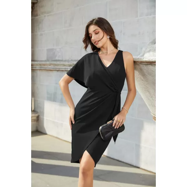 GRACE KARIN Summer Formal Midi Dresses for Women Wrap VNeck Asymmetrical Sleeve Rouched Bodycon Cocktail Dress Tie FrontBlack