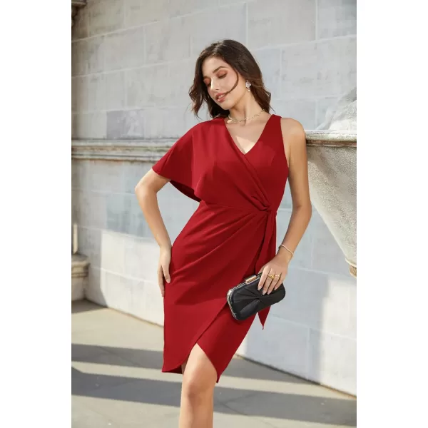 GRACE KARIN Summer Formal Midi Dresses for Women Wrap VNeck Asymmetrical Sleeve Rouched Bodycon Cocktail Dress Tie FrontBright Red